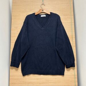 St Michael Marks & Spencer Navy‎ Blue V-Neck Cotton Sweater Made in UK Large